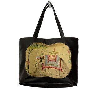 Vintage Tote Bag Black Riding‎ Elephant Faux Leather Beaded Sequins India Mahout